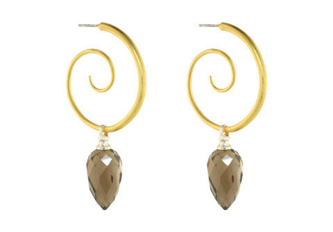 LARGE SPIRAL HOOPS WITH SMOKEY QUARTZ DROPS
