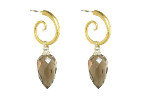 SPIRAL HOOPS WITH SMOKEY QUARTZ DROPS